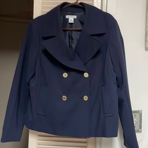 LIZ CLAIBORNE NAVY BLUE DOUBLE BREASTED GOLD BUTTONS 22”P 26”W fully lined